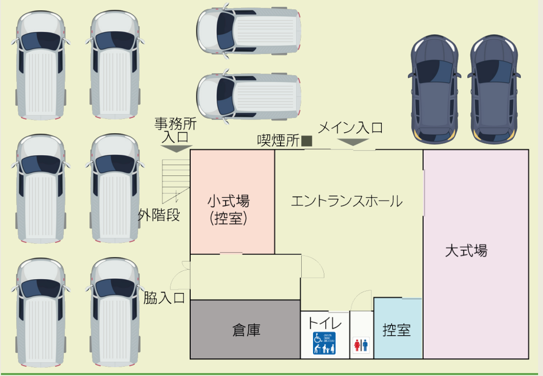 家族葬ホールのぼりとの駐車場と入口図。会館の敷地内に最大8台の駐車スペースがあります。利用区画・駐車位置は当日の係員の案内に従ってください。