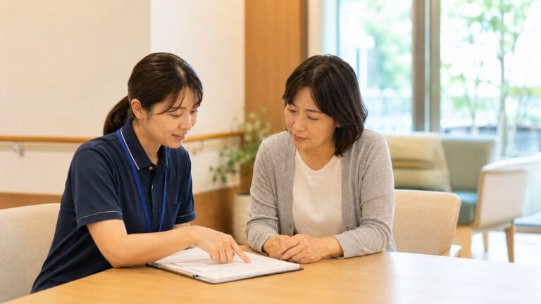 介護施設の職員から今後の流れについて説明を受けるご家族
