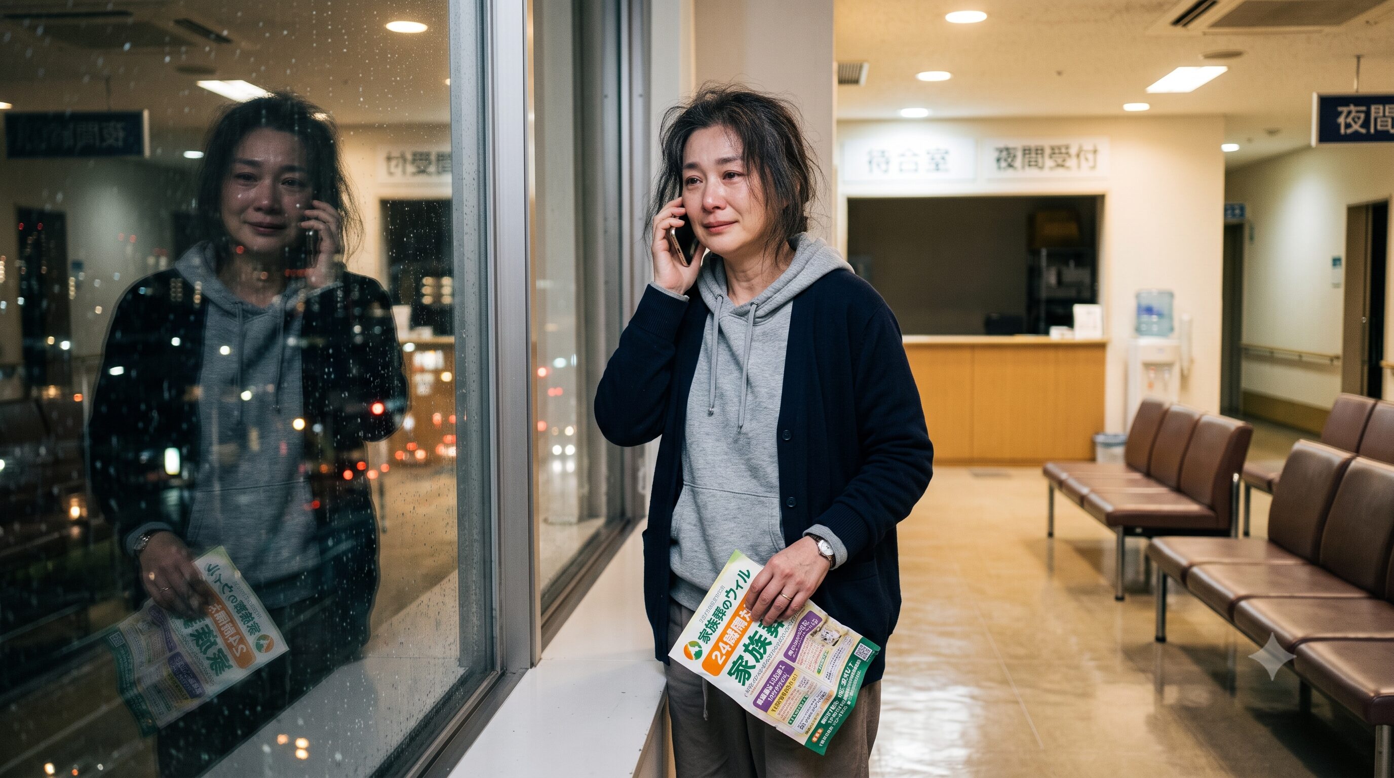 夜間の病院で葬儀社へ連絡するご家族のイメージ