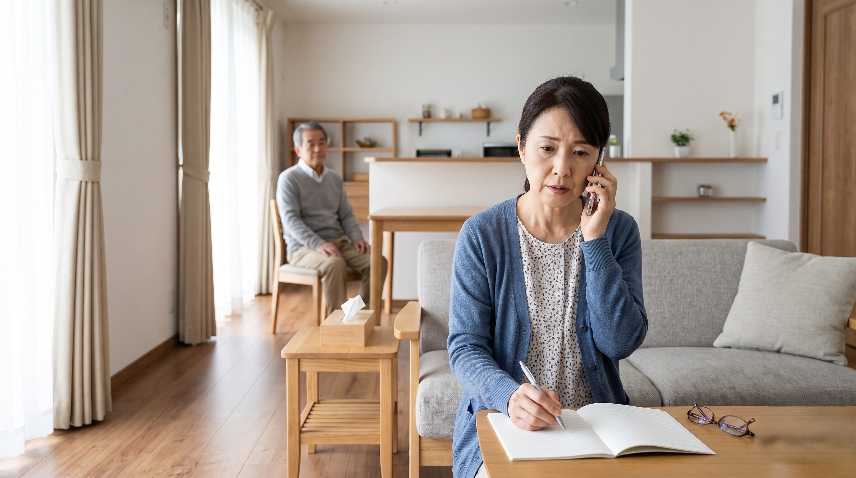 自宅で電話をしているご家族