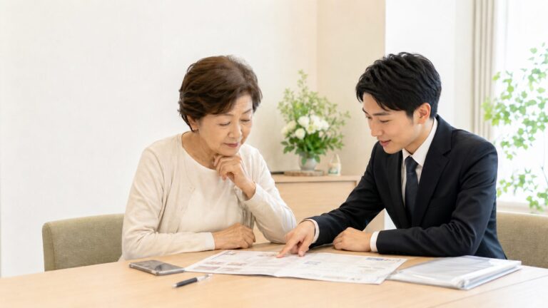 葬儀プランの資料を確認しながら若い男性スタッフに相談する女性