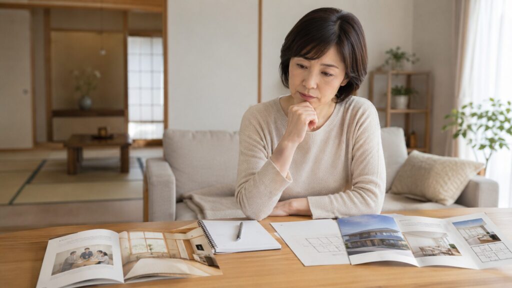 自宅安置と安置施設の資料を見比べながら検討する女性
